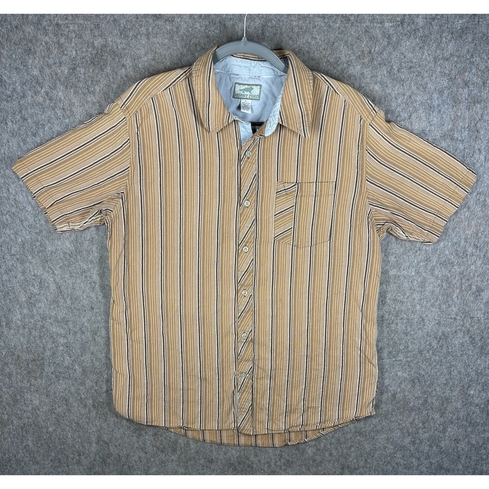 Horny Toad Shirt Mens Large Brown Striped Short Sleeve Cotton Button Up